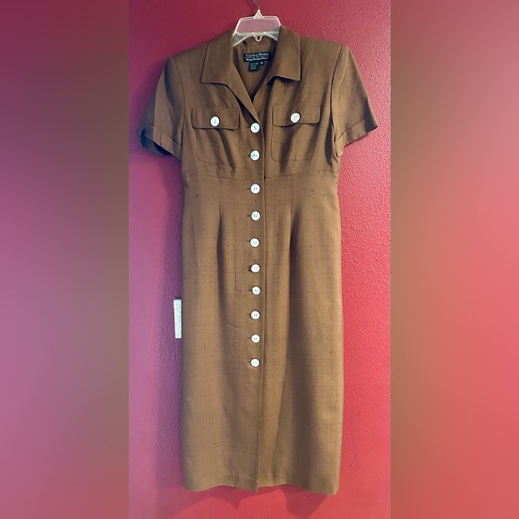Cynthia Howie Silk Shirt Dress 8P Brown Button Front Vintage Career Midi - Picture 1 of 11